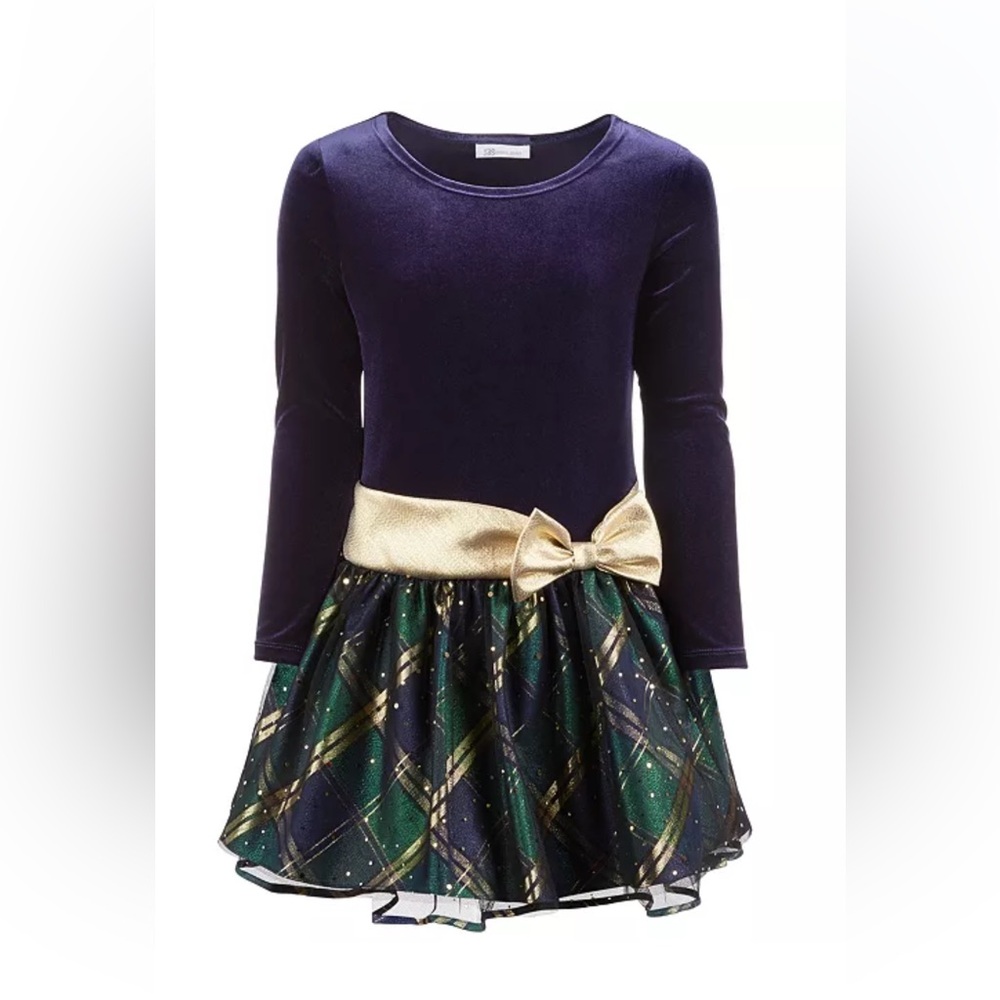 Bonnie Jean Girls Blue Velvet Drop Waist Plaid Long Sleeve Dress Gold Bow Size 8